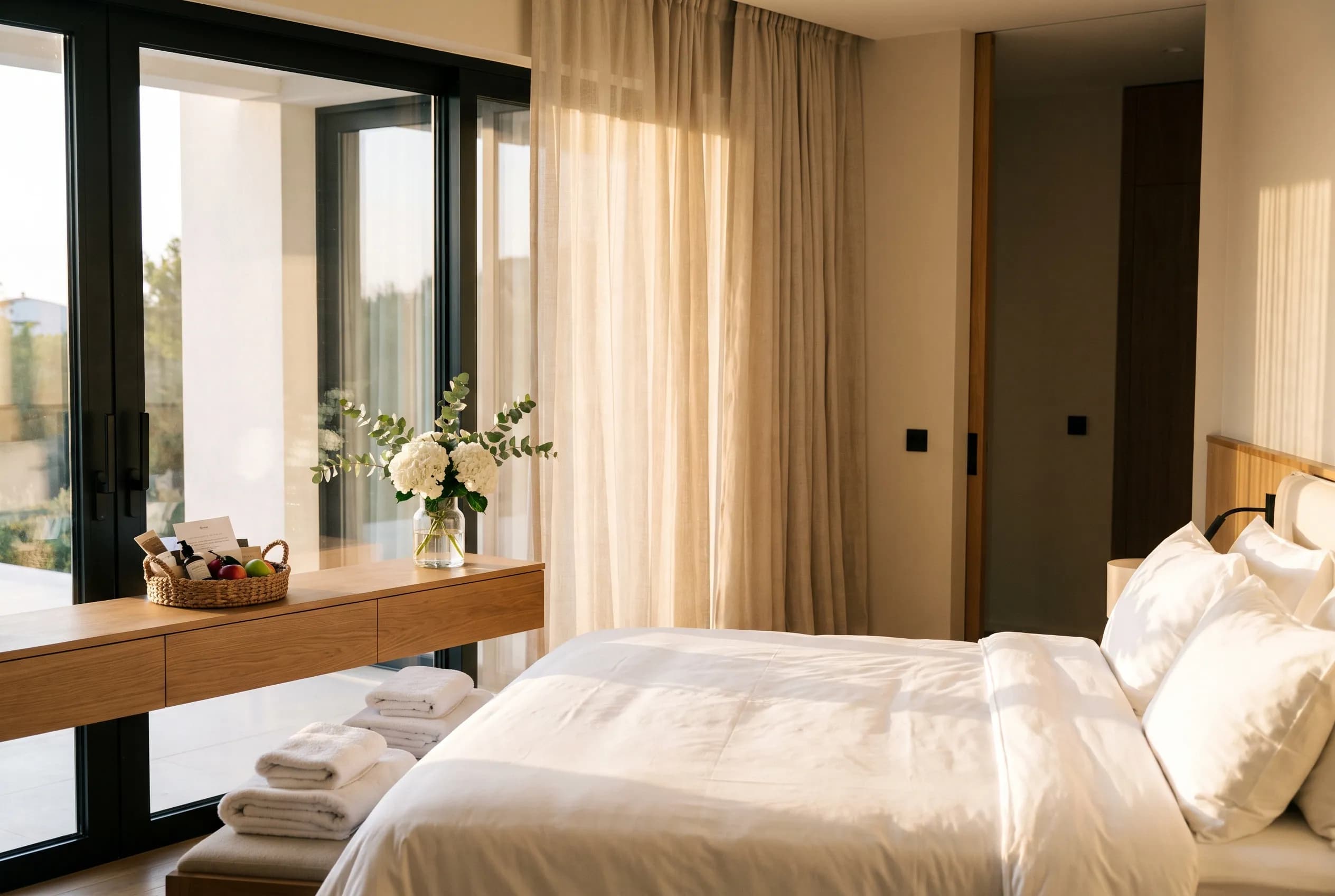 Villa prepared for guests — fresh flowers and a welcome basket