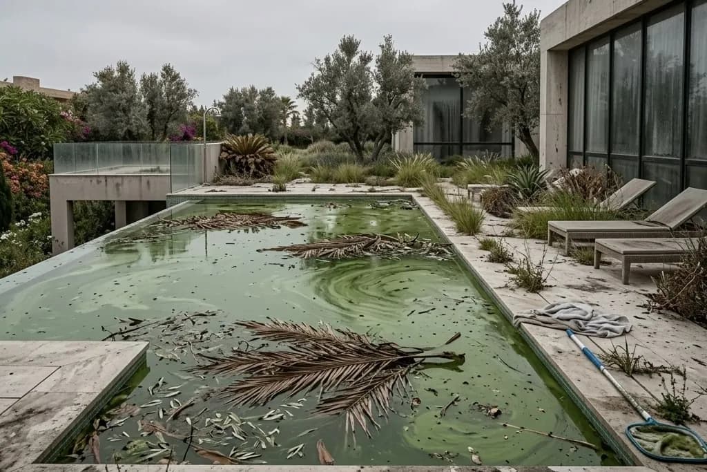 Murky green algae-filled pool with floating debris before treatment