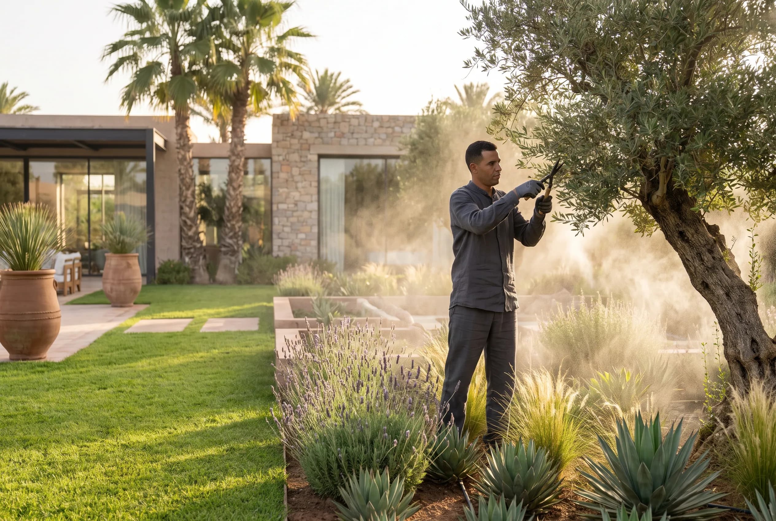 Luxury Moroccan garden with olive trees and palms at morning