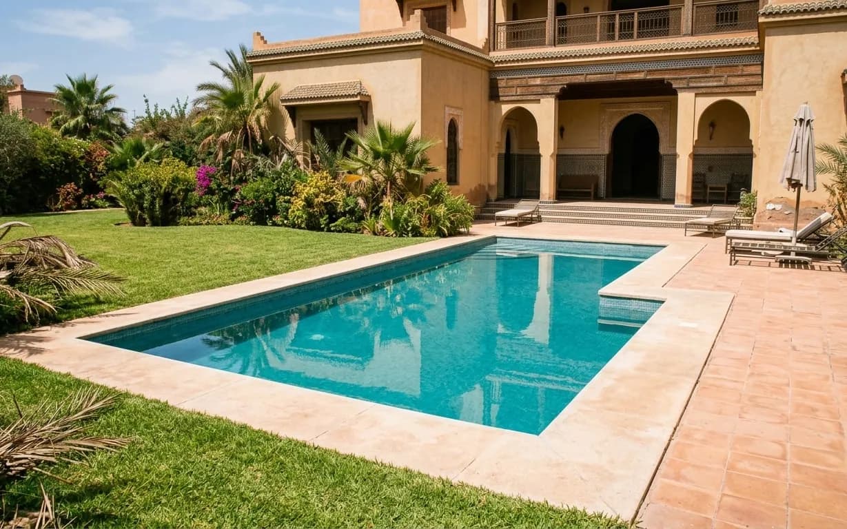 The villa under L'Intendance — lush garden and crystal-clear turquoise pool