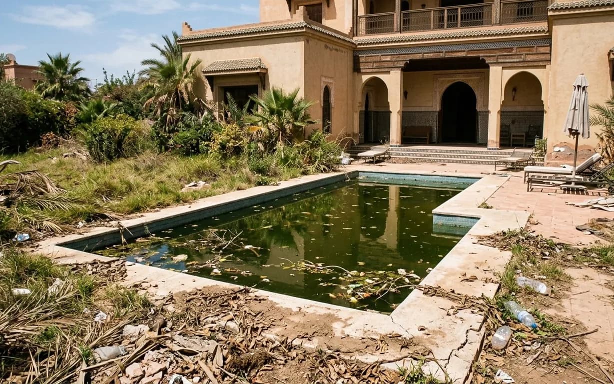 The same villa neglected — overgrown garden, murky green pool, scattered debris
