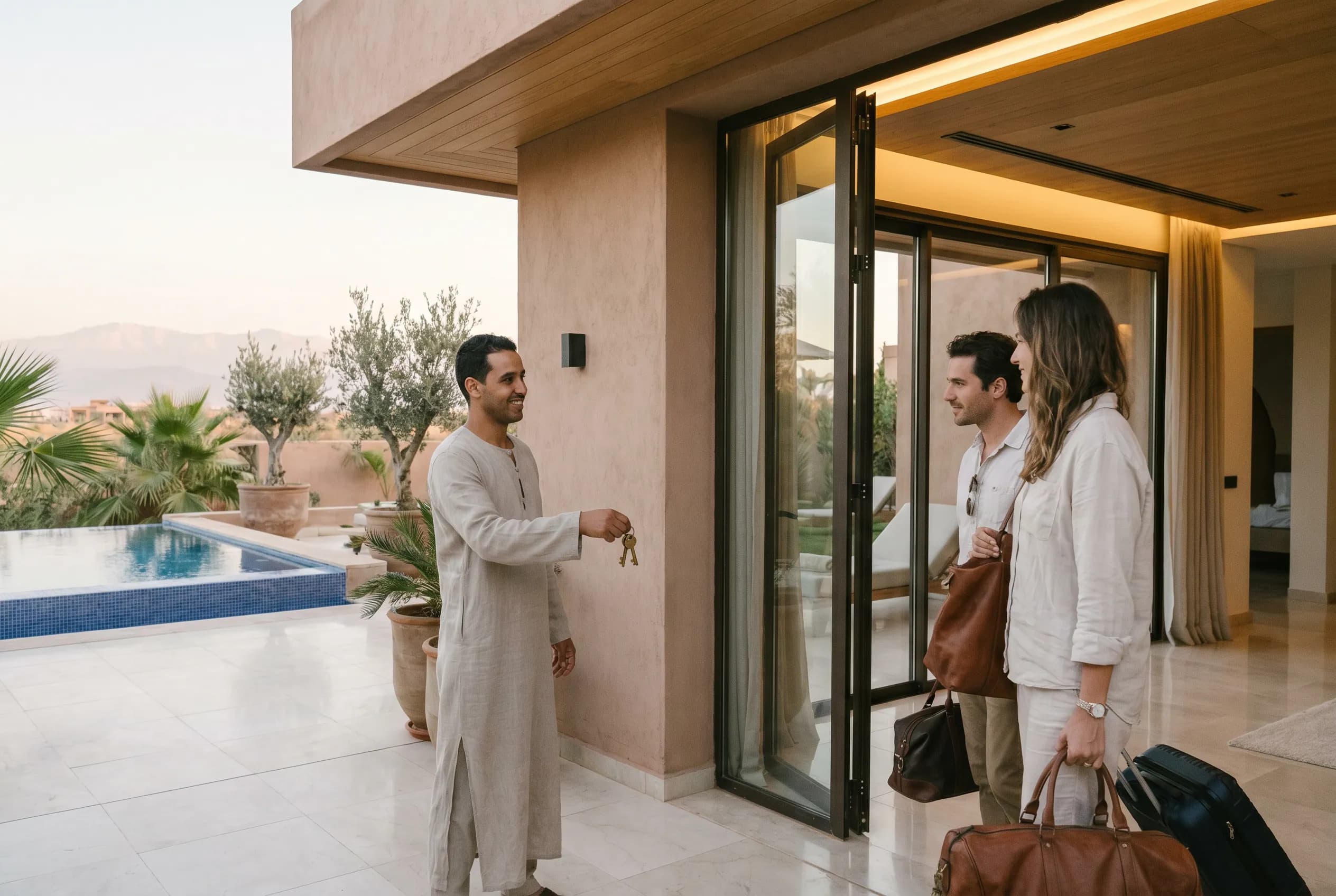 Host handing brass keys to arriving guests at the villa entrance
