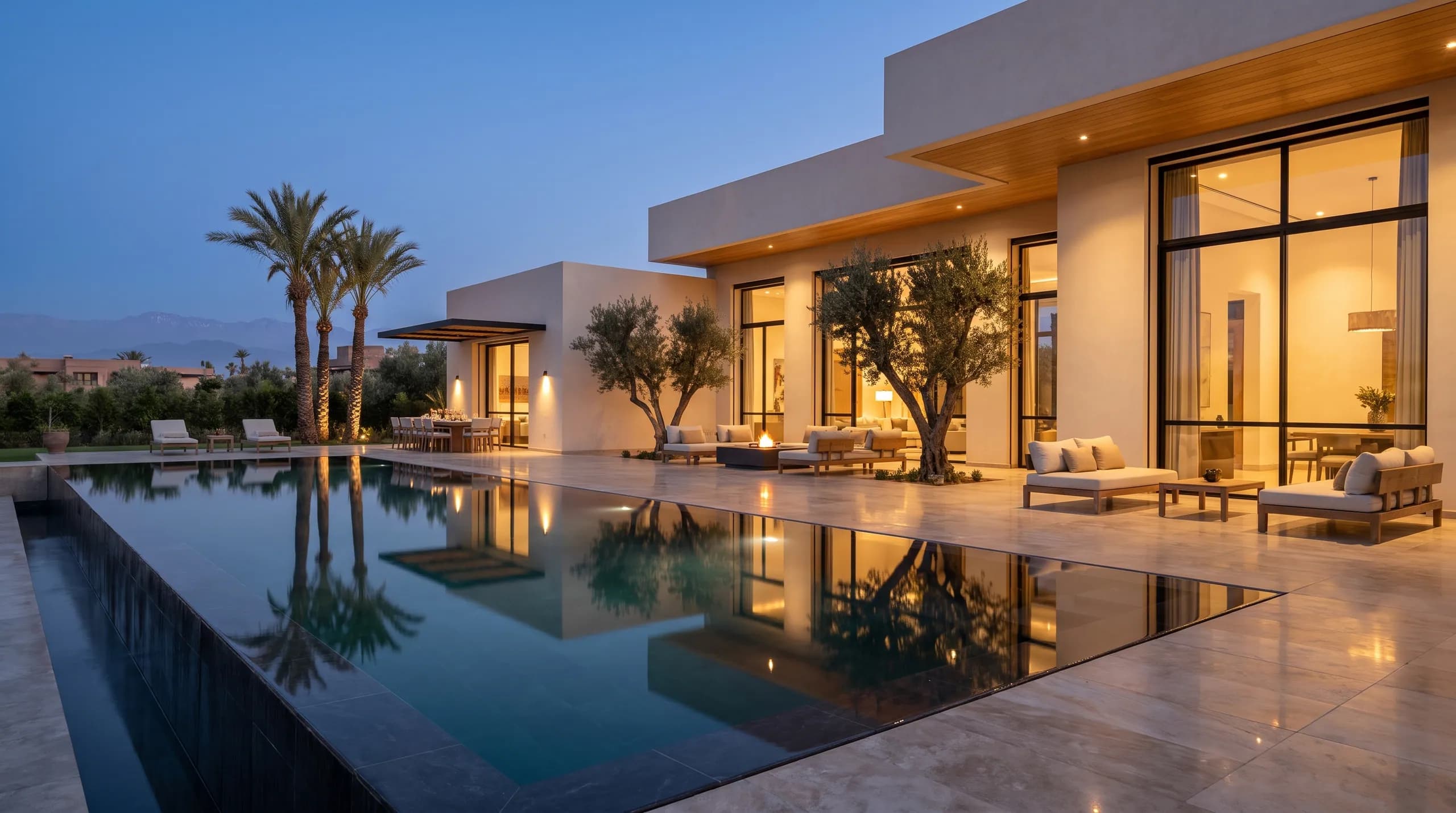 The rental villa glowing at blue hour, reset for the next guests