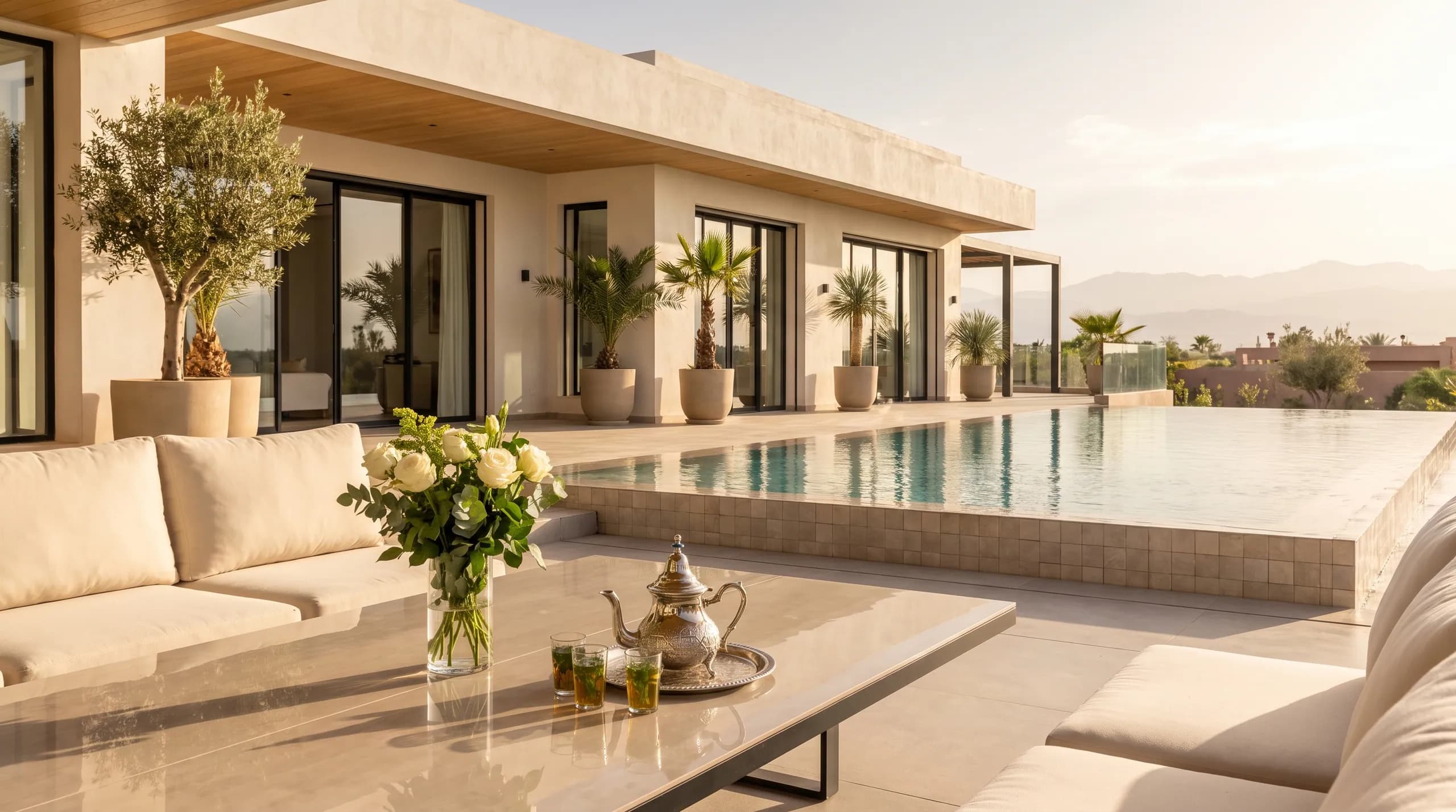 The villa terrace styled for guest arrival — welcome table, flowers, golden afternoon