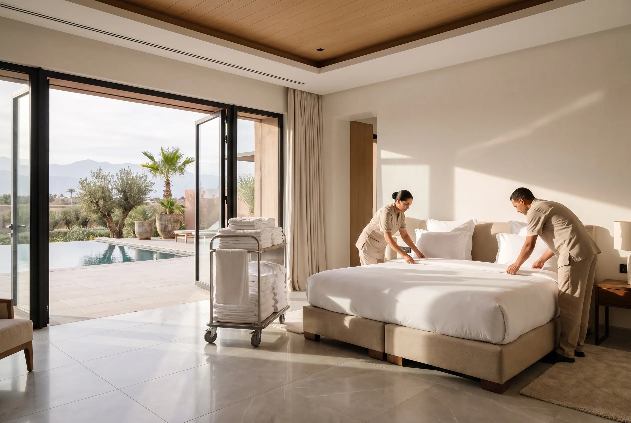 Suite mid-turnover — linen trolley, fresh stacks, terrace doors airing the room