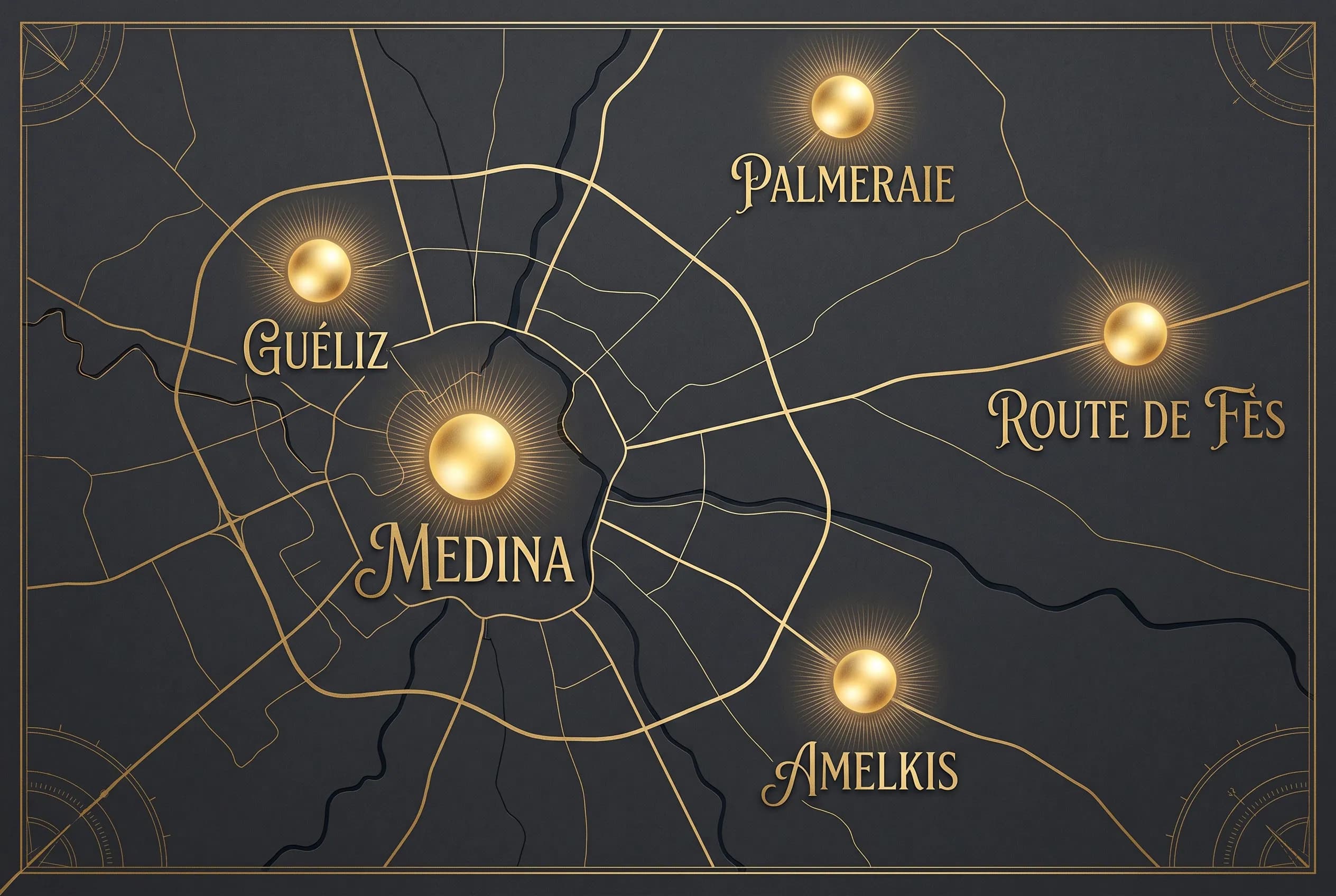 Stylized dark map of Marrakech with golden markers over the districts L'Intendance serves