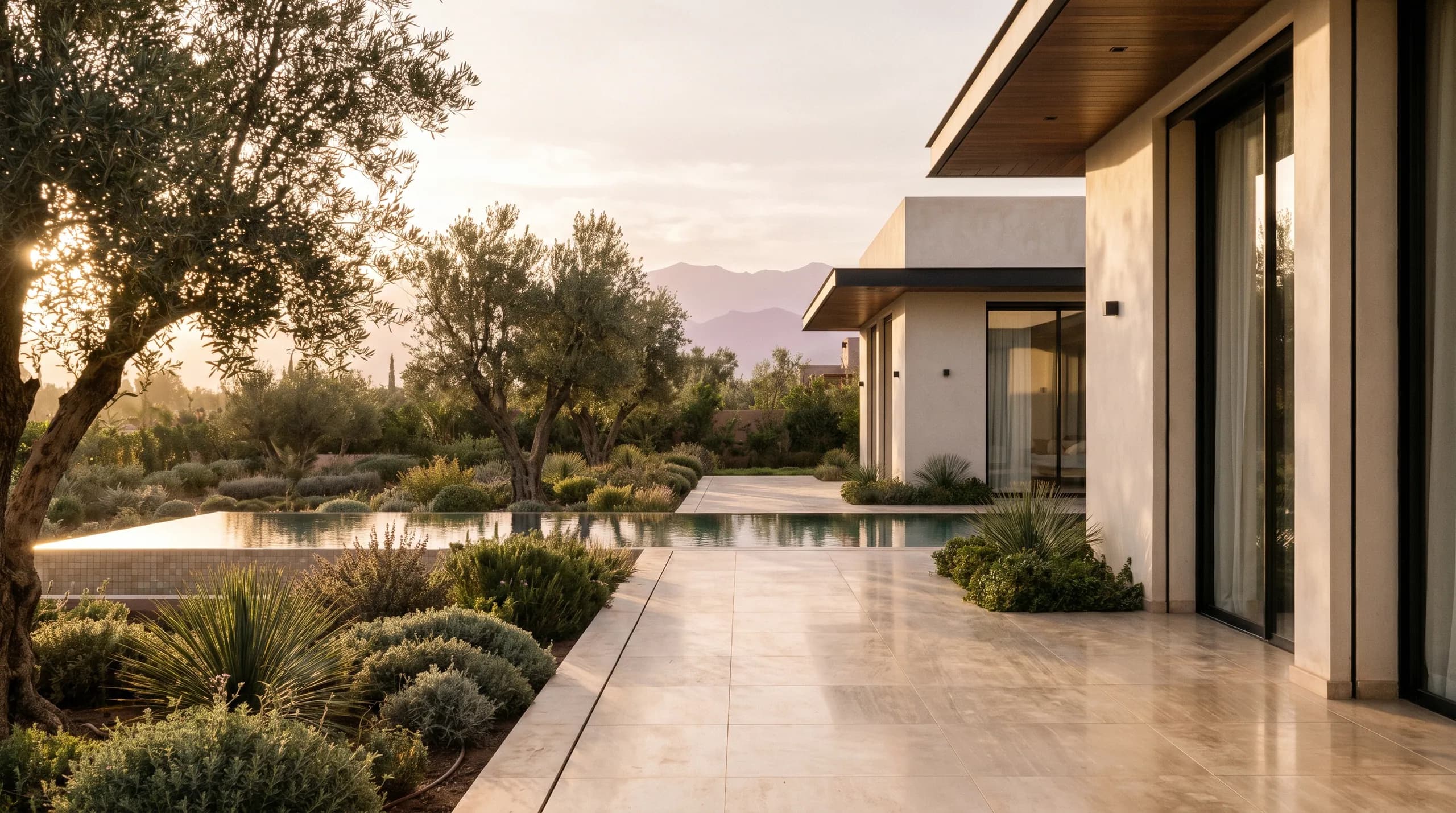 The villa garden at first light — sculptural olive trees and layered greens