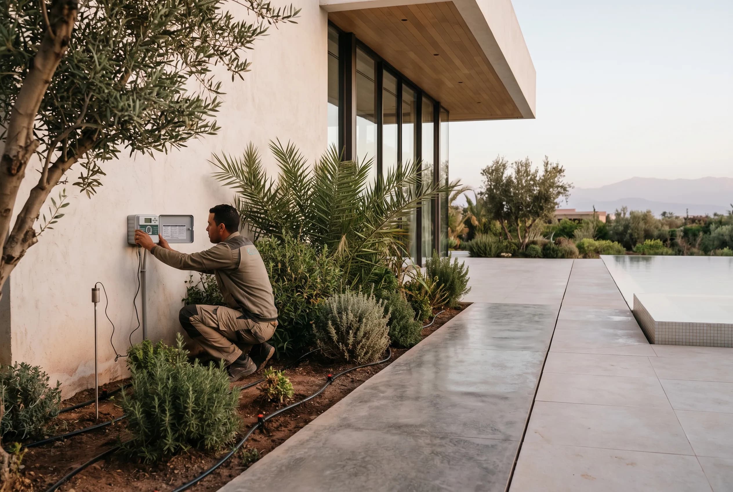 A technician programming the smart irrigation controller, drip lines running into planting