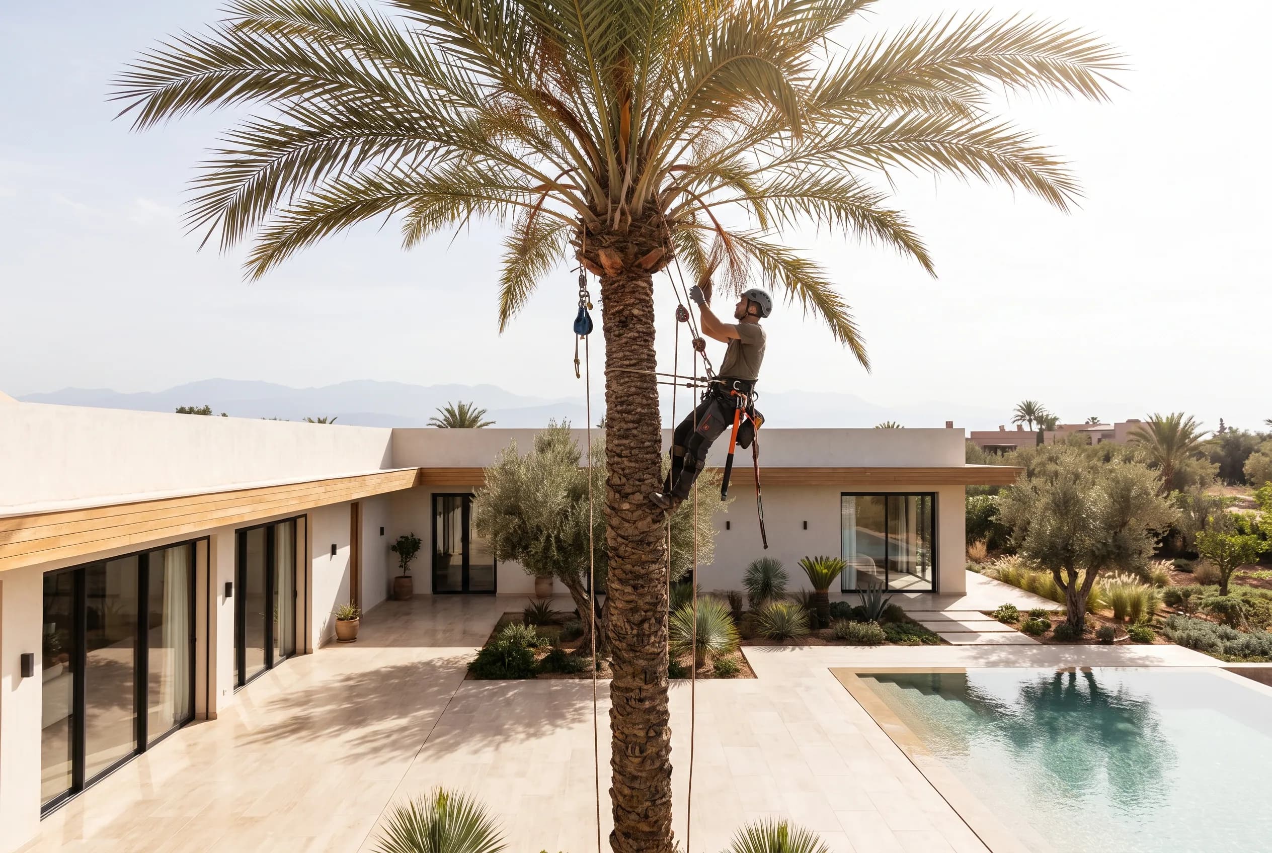 A specialist rope-climbing a tall palm to clean the crown