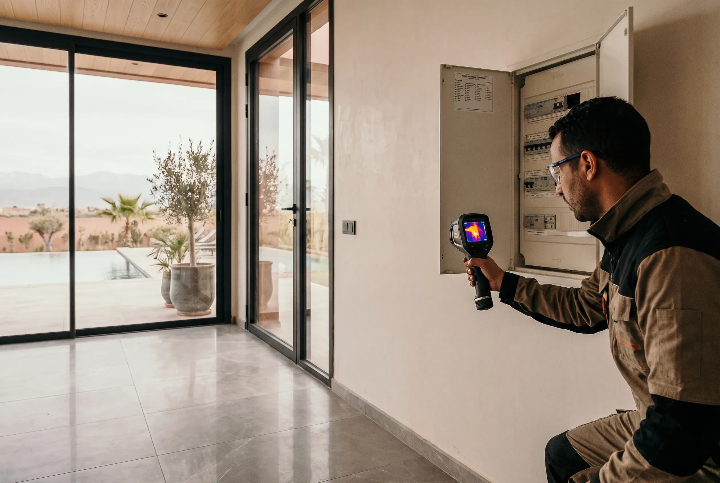 Electrician surveying a labelled panel with a thermal camera
