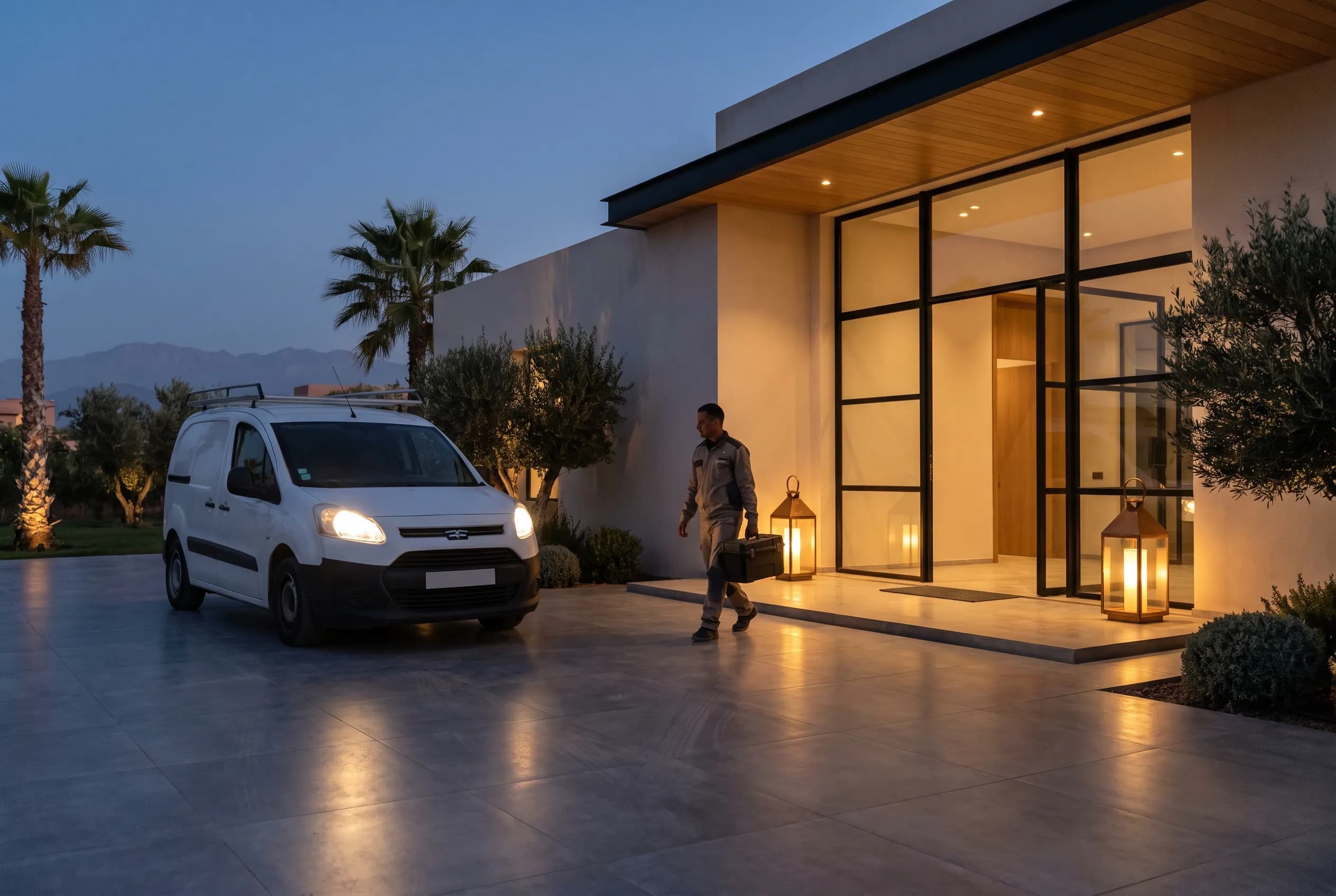 Service van headlights in the villa drive at night, technician arriving with a case