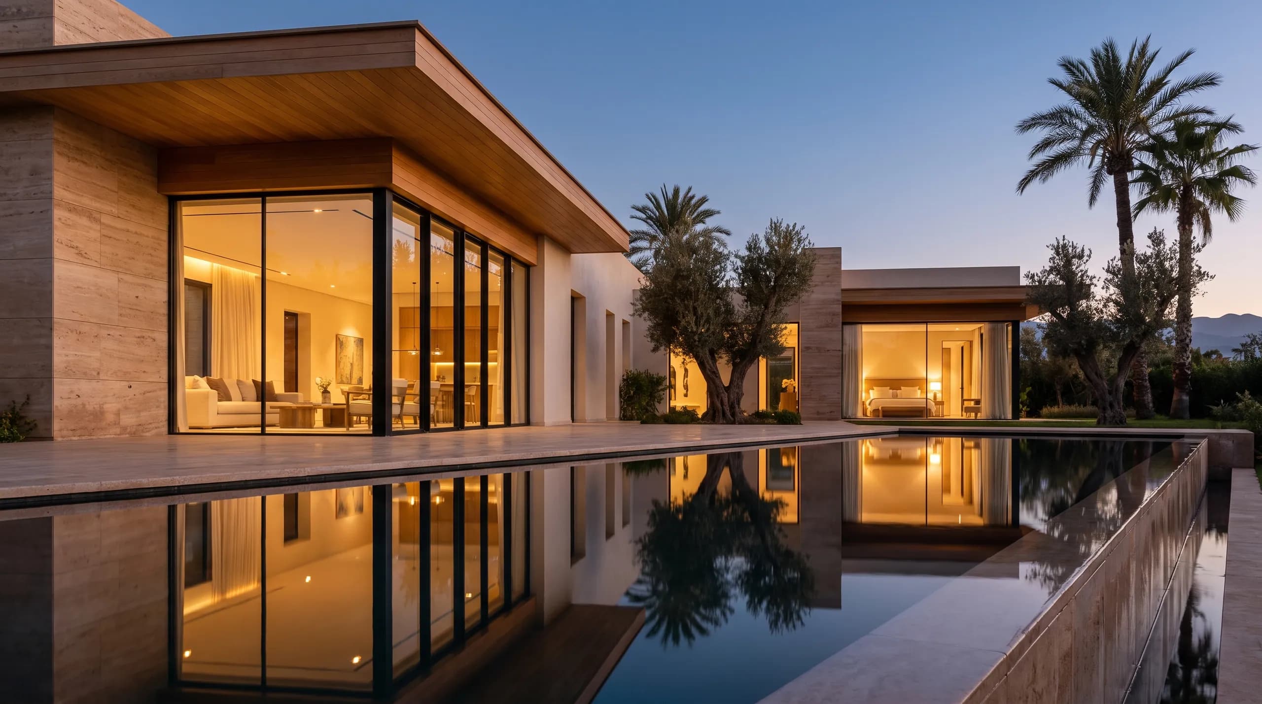 The villa at dusk, warm interiors glowing through spotless glass