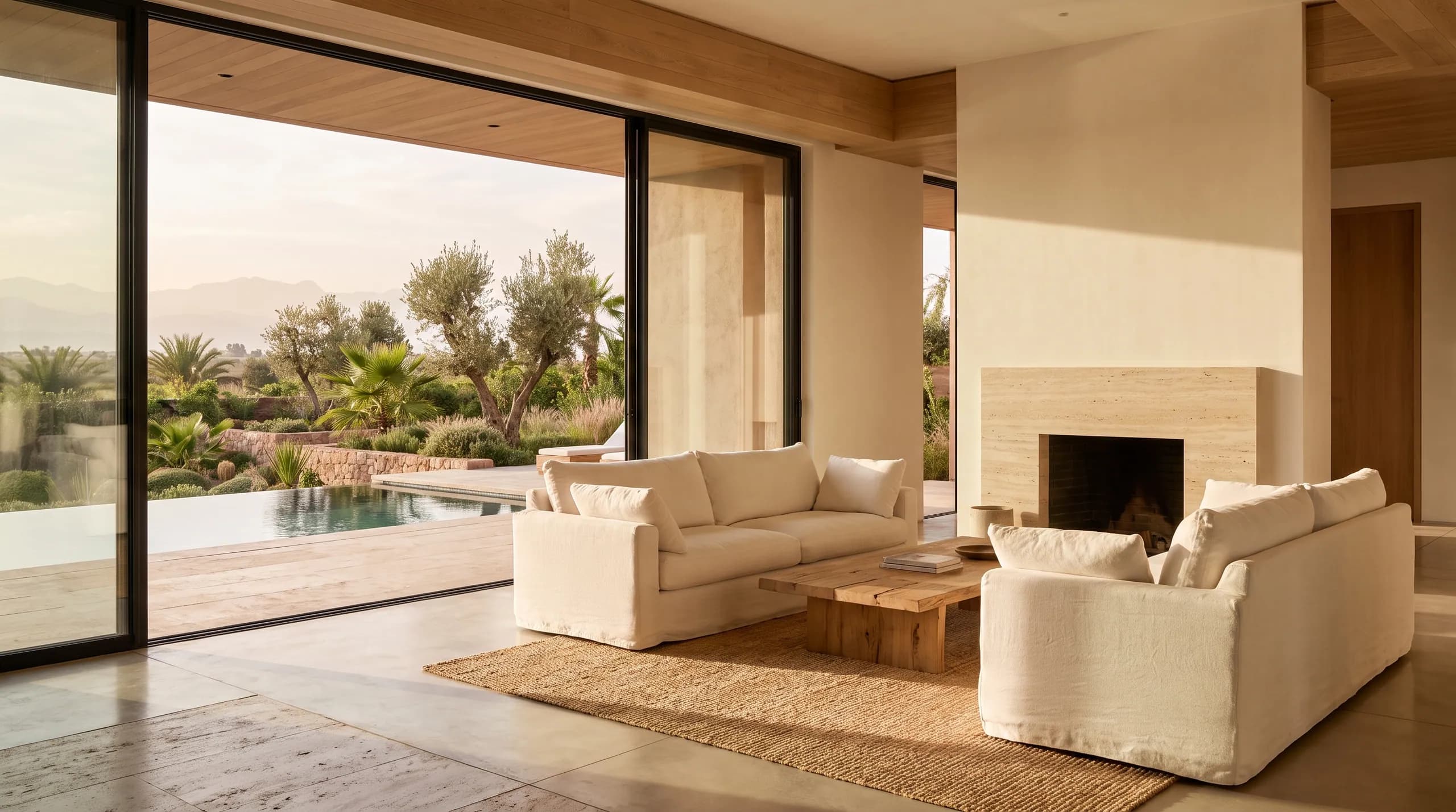 A sun-flooded villa living room minutes after the cleaning team leaves