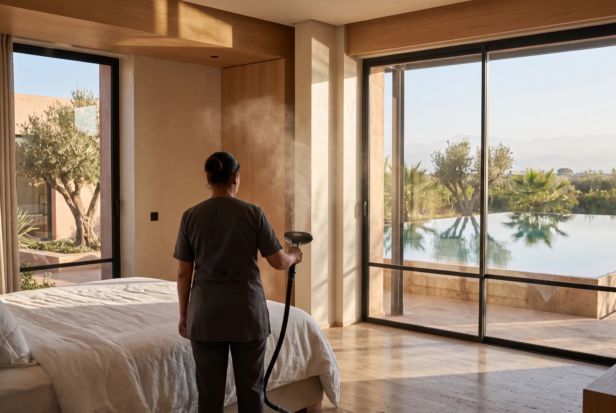 Housekeeper steaming linen in a sunlit villa master suite