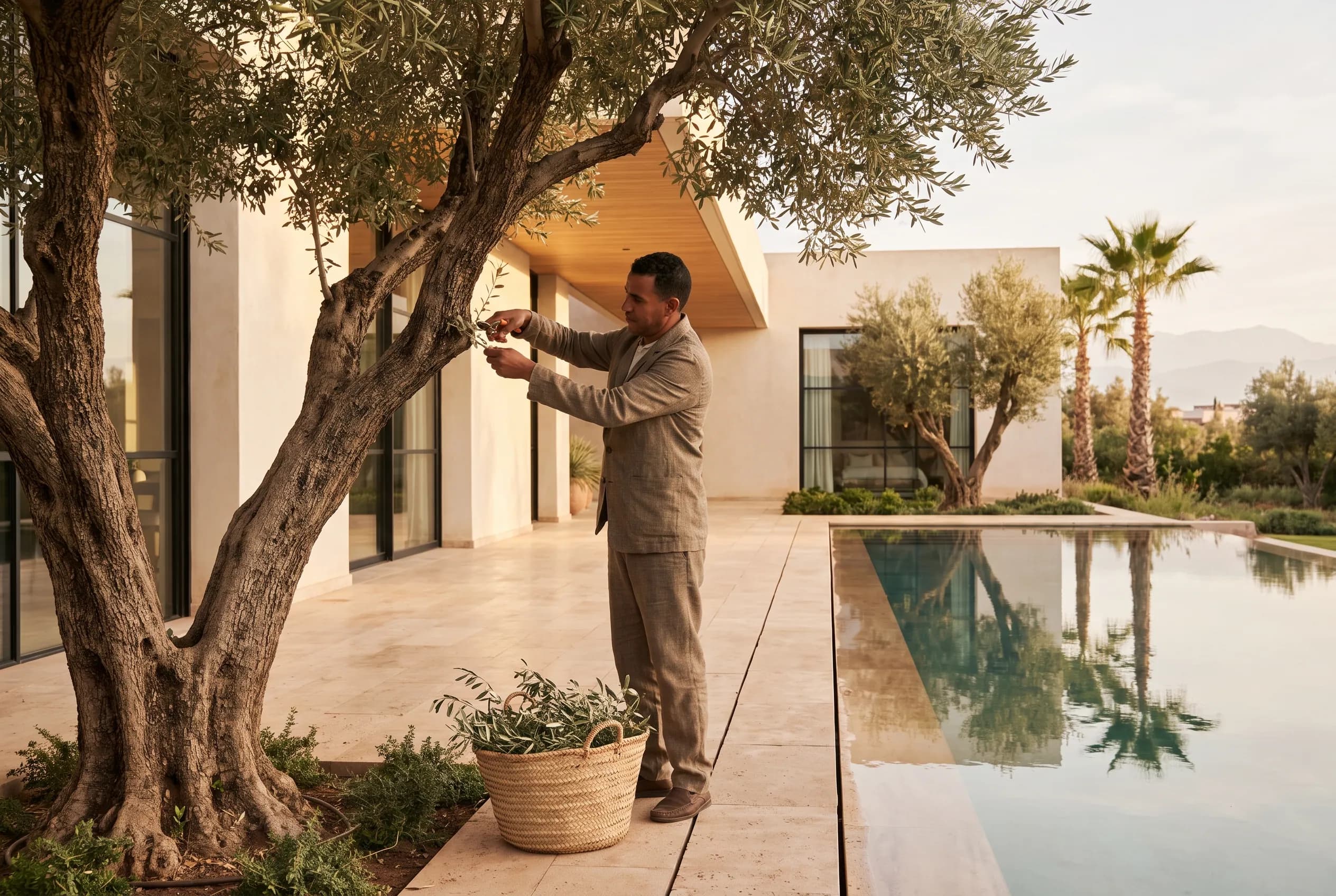 Gardener pruning an olive tree in a luxury villa garden